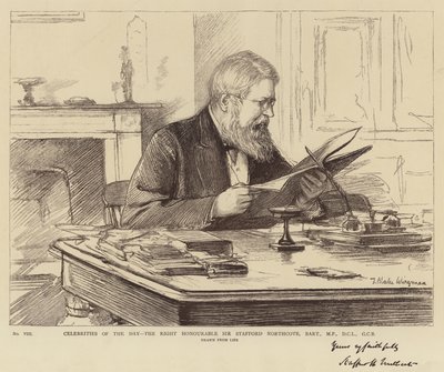 Dagens kjendiser, den høyre ærede Sir Stafford Northcote, Baronet, MP, DCL, GCB av Theodore Blake Wirgman