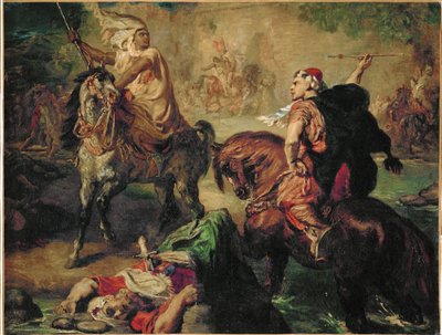 Arabiske stammehøvdinger utfordrer hverandre til enkeltkamp, under byens voller (olje på lerret) av Theodore Chasseriau