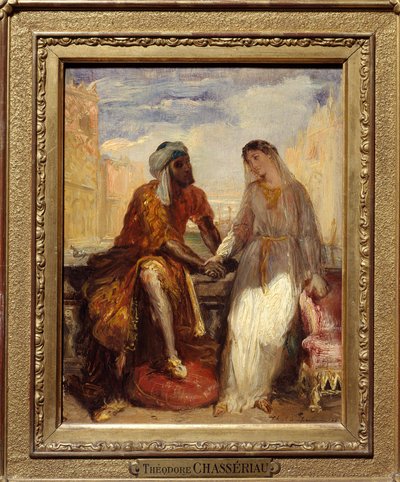 Othello og Desdemone i Venezia Illustrasjon av akt I av tragedien "" Othello" av William Shakespeare (1564-1616). Maleri av Theodore Chasseriau (1819-1856) 1850 Søn. 0,25 X 0,20 Paris. Musee Du Louvre - Othello og Desdemona i Venezia, scene  av Théodore Chassériau