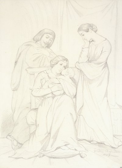 Antatt portrett av grev Oscar de Ranchicourt og hans familie i trubadurkostymer av Théodore Chassériau