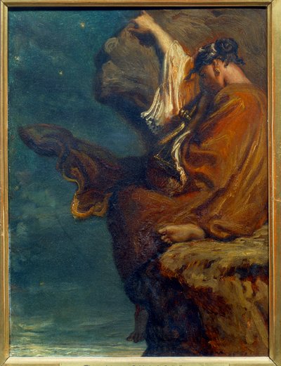 Sapho Den greske poetinnen Sapho (Sappho) (rundt 600 f.Kr.) sitter på en stein og ser på havet med melankoli. Maleri av Theodore Chasseriau (1819-1856) 1849 Søn. 0,27x0,21 m Paris, musee d