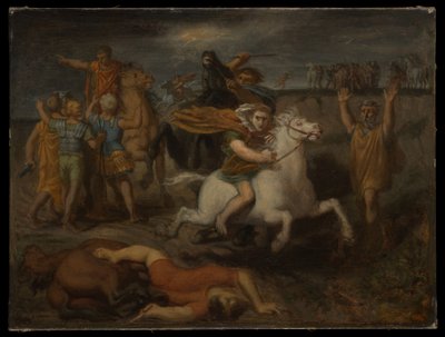 Scene fra gallerkrigene: Galleren Littavicus, som forråder den romerske saken, flykter til Gergovia for å støtte Vercingetorix av Théodore Chassériau