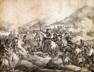 Slaget ved Chacabuco, februar 1817, som bestemte seier til Jose De San Martin over spansk, av Theodore Gericault, tegning, Argentina av Theodore Gericault