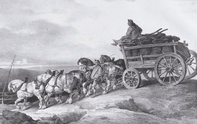Kullvogn [sic.] Tegnet av hester, 1822. av Theodore Gericault