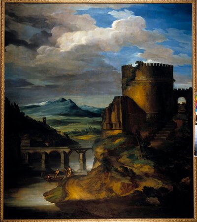 Flott landskap i Italia Landskap av ruiner, tårn og bro, av Theodore Gericault (1791-1824) 1800-tallet av Theodore Gericault