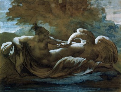 Leda og svanen (svart kritt og akvarell) av Theodore Gericault