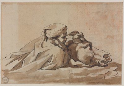 Mann som holder en hest i vann, etter Poussins "Deluge" (recto) av Theodore Gericault