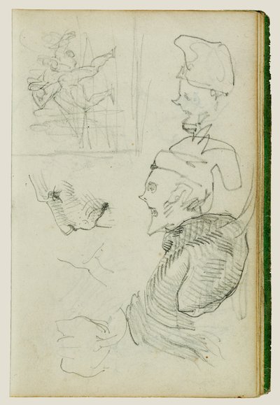 Studier av løve, komposisjonsstudie av gruppefigurer, to karikaturstudier av hoder av Theodore Gericault