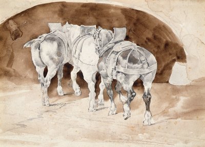 Tre tunge hester i sele (blyant- og sepiavask) av Theodore Gericault