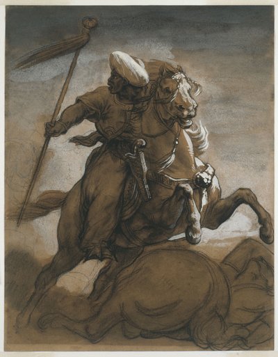Turkish Cavalier in Combat, ca. 1818 (brun vask, forsterket med gouache på papir) av Theodore Gericault
