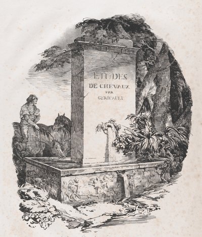 Vanningskar, tittelside for studier av hester Etudes de Chevaux, 1822. av Theodore Gericault