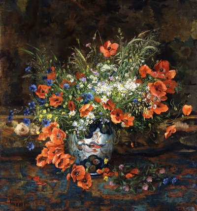 Valmuer, tusenfryd, ranunkler og andre blomster i en japansk Imari-vase av Theodore Hannon