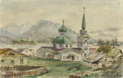 Sett bakfra av den greske kirken, Sitka, 1888. av Theodore J. Richardson