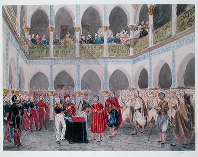 Investiture of the Bey of Algiers av grev Bertrand Clausel (1772-1842) 1835 (akvarell på papir) av Theodore Leblanc
