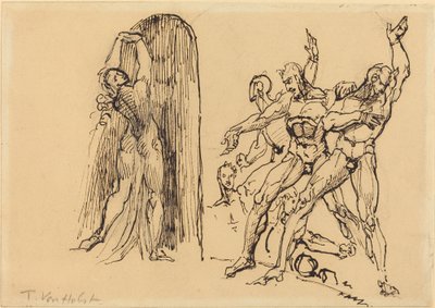 Fem mannlige nakenbilder gestikulerer når en naken kvinne kommer inn i en portal av Theodore M. von Holst