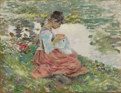 Girl Sewing by River, ca. 1891 av Theodore Robinson