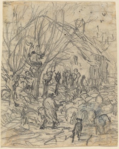 En saueflokk foran et gårdshus av Theodore Rousseau