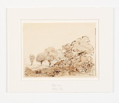 Landskap med hytte under høye trær av Theodore Rousseau