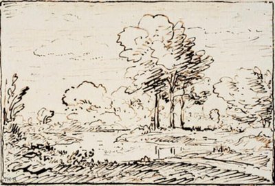Landskap med tre høye trær ved en elvefylling av Theodore Rousseau