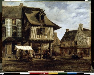 Markedsplass i Normandie (bindingsverkshus) (Markedsplass i Normandie). Maleri av Theodore Rousseau (1812-1867). Olje på tre, 29,5 x 38 cm, ca 1830. Fransk kunst fra Barbizon. Eremitasjemuseet, St. Petersburg. av Theodore Rousseau