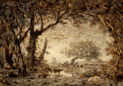 Solnedgang fra Fontainebleau-skogen av Theodore Rousseau