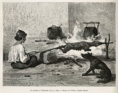 En ung montenegriner steker en sau med albaneren, sitter foran bålet og vrir på trenålen hele tiden. Gravering etter Valerios tegning, for å illustrere reisen til Dalmatia, av Charles Yriarte, i 1874, publisert i "" Le tour du mon av Theodore Valerio