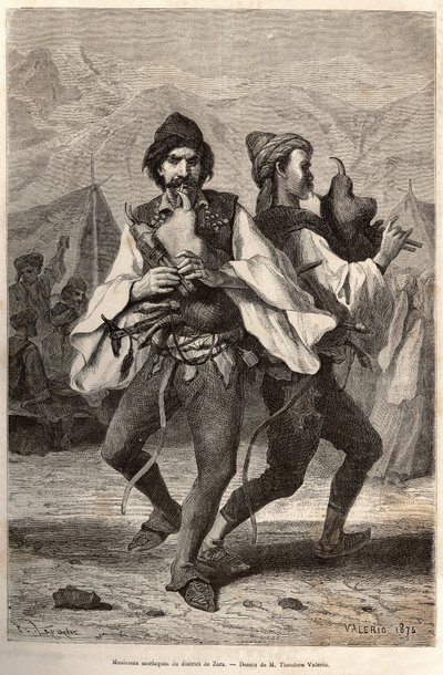 Morlac-musikere (eller montenegrinere) fra distriktet Zara, iført den lokale drakten: hvit lerretsskjorte og over en brodert vest, et belte besatt med kobber og sølv, bena som faller på skinnskoen og spiller en slags biniou mens de danser til av Theodore Valerio