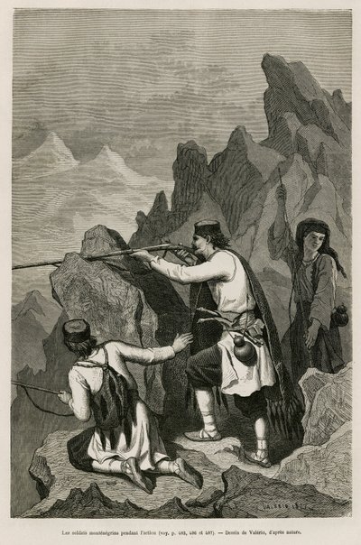 De montenegrinske soldatene under aksjonen, under krigen i 1876, der Serbia og Montenegro erklærte krig mot det osmanske Tyrkia, tegnet av Valerio, for å illustrere reisen til Montenegro i 1874 av Charles Yriarte (1832-1898). Gravering i Le tour av Theodore Valerio