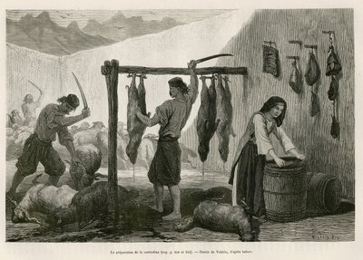 Tilberedning av castradina, spesialitet av kjøtt av sau og geit saltet og bucanee, mot slutten av oktober, i Dalmatia (Istria og Hercegovina (Kroatia)), tegning av Valerio, for å illustrere reisen til Montenegro, i 1874, av Charles Yriarte av Theodore Valerio