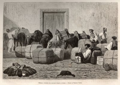 Når tyrkiske campingvogner ankommer Sebenico Customs (Serbia), losser kommersielle reisende ballene fra baksiden av kamelene for å verifisere varenes mengde og art. Gravering etter tegningen av Theodore Valerio, for å illustrere en historie av Theodore Valerio