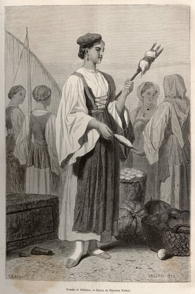 Kvinne fra Sebenico (Serbia), som bruker spindler for å spinne ull, på torget. Gravering etter tegningen av Theodore Valerio, for å illustrere en historie om Dalmatia, av Charles Yriarte, i 1874, utgitt i "" Le tour du monde""" 1876, redigert av Edou av Theodore Valerio