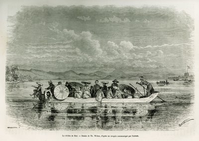 En båt på elven Hue (Vietnam), tegning av Th. Weber, for å illustrere historien om åtte dager med ambassade i Hue (Kingdom of Annam), i 1875, av Mr. Brossard de Corbigny, løytnant (N), knyttet til oppdraget. Gravering i Le tour du monde av Theodore Weber