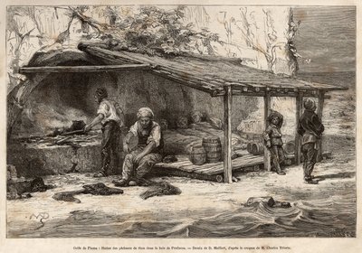 En tunfiskehytte i Proelucca-bukten, Fiume-bukten (eller Rijeka, Istria), tre av fiskerne sover fortsatt, pakket inn i tepper, en annen skal utstyre og erstatte utkikk, en annen skal klargjøre kjøkkenet og mosen vandrer kl. foten o av Theodore Weber