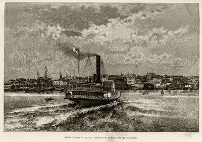 Ankomst til Victoria, Canada. Gravering av Th.Weber, for å illustrere historien ""Transcanadien and Alaska"" av E.Cotteau, i 1890, i Le tour du monde, nouveau journal des voyages, redigert av Edouard Charton (1807-1890), 2. semester 1891 , utgave Hachet av Theodore Weber