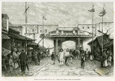 Canton Street Gate i Hanoi. Gravering av Th. Weber, fra et fotografi, for å illustrere historien Trente mois au Tonkin i 1884, av Doctor Hocquard, i tour du monde 1889, under ledelse av Edouard Charton (1807-1890), Hachette, Paris. av Theodore Weber