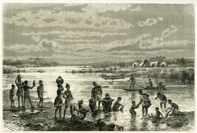 Livet på bredden av Zambeze-elven, marutsene er veldig opptatt av rensligheten deres, og vasking for dem er en aktivitet av første nødvendighet. Gravering av Th. Weber, for å illustrere historien «Au pays des Marutses», i 1875-1879, av Dr. Emile Holu av Theodore Weber