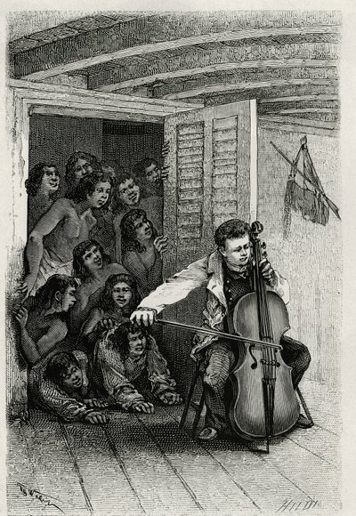 Portrett av den reisende forfatteren, spiller cello og tiltrekker et publikum av nysgjerrige. Gravering av Th.Weber, for å illustrere historien "" Les Iles Wallis"", av Dr. Emile Deschamps, legemajor ved det 80. infanteriet. Publisert i Le Tour du monde, n av Theodore Weber