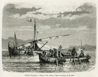 Svampefiskere i Nafplio-bukten, tegning av The. Weber, for å illustrere historien om en tur til Hellas i 1861, 1868 og 1874, av Henri Belle. Gravering i Le tour du monde av Theodore Weber