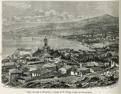 Byen Jalta, hentet fra Massandra, tegning av Th.Weber, for å illustrere historien Fire måneder i Russland, i 1876, av F. De Mely. Gravering i Le tour du monde av Theodore Weber