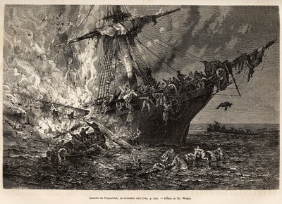Brannen fra Cospatrick, et britisk skip som fraktet mer enn 400 emigranter til New Zealand, 19. november 1874, gravert etter en tegning av T. Weber, som illustrerer studiet av stormer og reiser, av Mr. Zurcher og Mr. Margolle, i 1870-1874, utgitt i av Theodore Weber