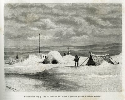 Det meteorologiske observatoriet ble installert i Koljutschin-bukten (polarsirkelen), mens skipet La Vega ble fanget i isen og mannskapet forberedte seg på overvintring. Gravering av Th.Weber, for å illustrere historien "" reise til Vega rundt Asia a av Theodore Weber
