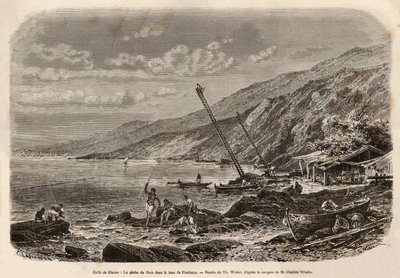Tunfiske i Proelucca-bukten (Fiumebukta eller Rijeka, Istria), utsikten over fiskebankene sitter på høye skalaer og forteller fiskerne om laget sitt eller kast garnene langs kysten. Gravering etter T.Webers tegning, for å illustrere en historie om Dal av Theodore Weber