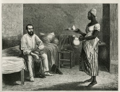 Portrett av forfatteren og reisende, når han våkner, blir servert kafeen på rommet hans av en ung haitisk kvinne, gravering av T.Wust, for å illustrere historien La republique d'Haiti, av Edgar La Selve, professor i retorikk i Port au Prince, i 1871, p av Theodore Wust