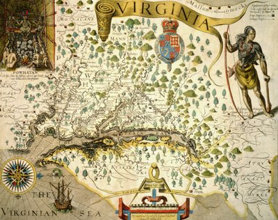 Sloane MS 1622 Kart over Virginia, som viser i øvre venstre hånd et bilde av Chief Powhatan av John Smith (1580-1631) 1624 (håndfarget gravering) av Theodore de (after) Bry