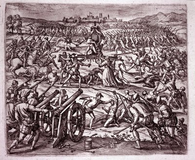 En dominikansk munk, som føler seg hånet av inka-kongen Atahualpa (Atabaliba), oppfordrer Francisco Pizarro til å ta hevn (Gravering av Theodore de Bry