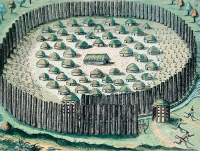 En befestet indisk landsby, illustrasjon fra The Discourse of Florida, av Theodore de Bry, gravering av Theodore de Bry