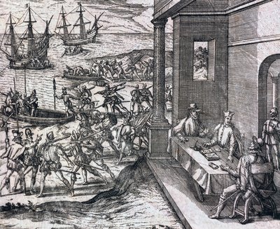 Avtale mellom Francisco Pizarro, Diego de Almagro og Hernando de Luque om å utforske og utnytte Peru av Theodore de Bry