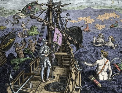 Allegorie des voyages de Christopher Columbus (1451-1506), gravering fra "Historia America sive Novi Orbis" av Theodor de Bry (1527-1598), Amsterdam 1594 av Theodore de Bry