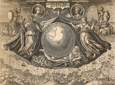 Allegori om Vestindia eller Amerika, med portretter av navigatørene Christopher Columbus og Amerigo Vespucci av Theodore de Bry
