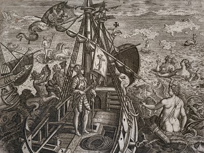 Allegori om reisen til Christopher Columbus til oppdagelsen av den nye verden, gravering av Theodor de Bry (1528-1598) av Theodore de Bry